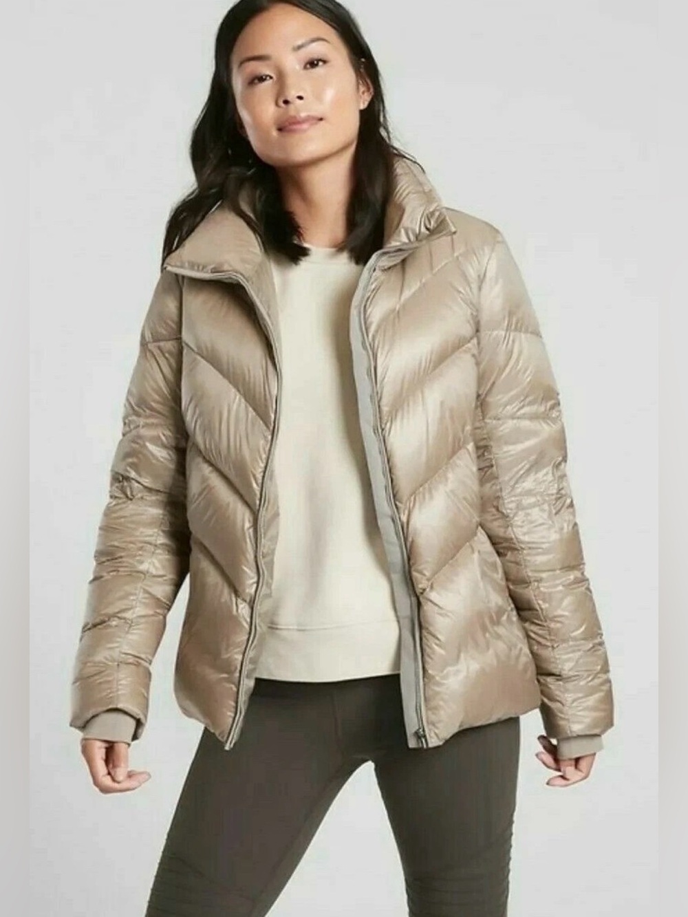 Athleta Lofty Down Jacket Quail Metallic Puffer Coat Size S #486242
